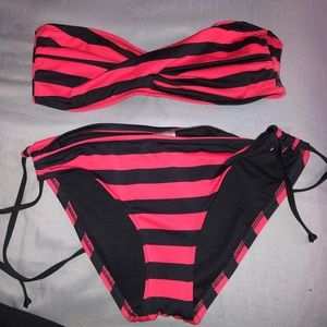 small two piece strapless pink & grey bathing suit